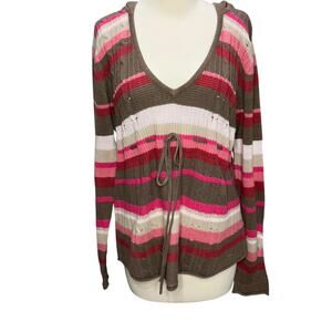 DKNY Y2K Sweater Womens L Brown Pink Stripe Knit Hooded Pullover Top Boho Retro